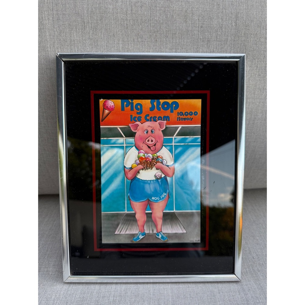 Vintage 1978 Figi Graphics Pig Stop Ice Cream Larry Smith Framed Art Printt 8x10
